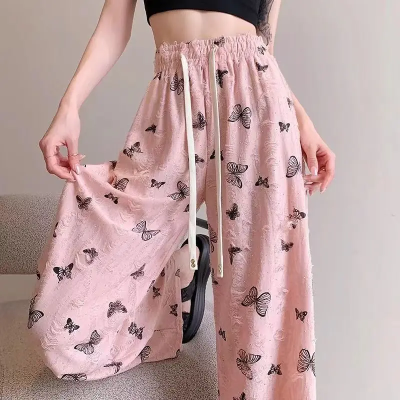 Broken Hole Design Korean Version New Thin Butterfly Pattern Wide Leg Pants Small Stature Internet Famous Long Pants for Women