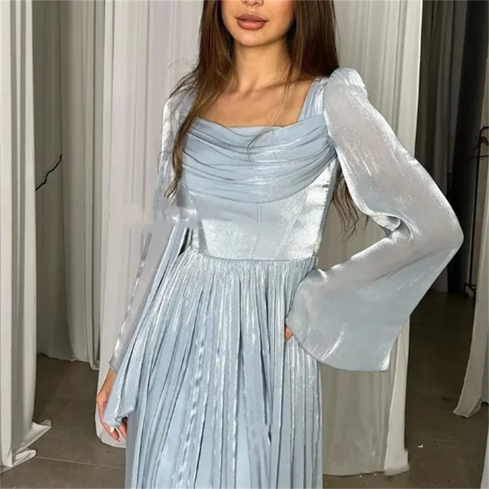 Elegant A-Line Sky Blue Square Collar Evening Dresses Pleated Long Sleeves Saudi Arabric Prom Dresses Party Gowns For Women