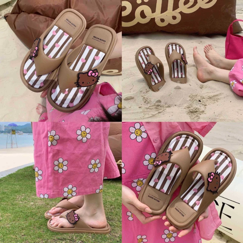 Sanrio Hello Kitty Flip Flop Girls Summer Outdoor Indoor Flat Sandals Kuromi My Melody Cartoon Beach Sandals Fashion Soft Sole