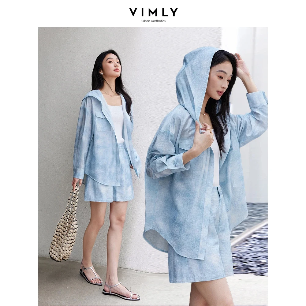 

VIMLY Women Casual Simple Gradient Hoodies T-Shirt Shorts Set 2025 Spring Holiday Style Cardigan Top With Shorts Sports 2pcs Set