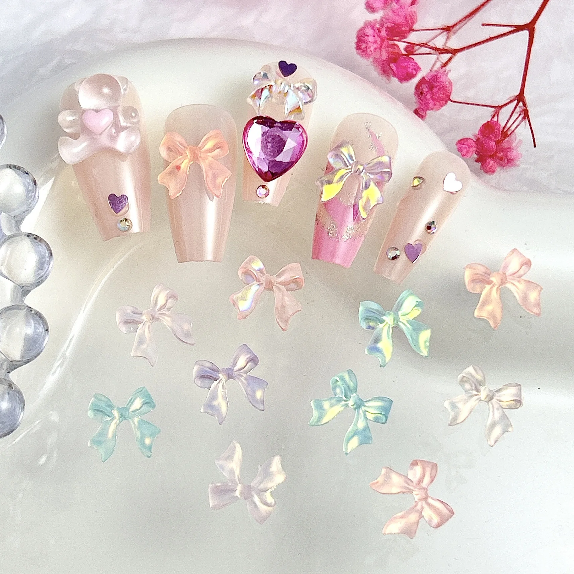 무작위 혼합 오로아 나비 매듭 네일 참, 신선한 투명 송진 네일 아트 장식, 매니큐어용 DIY 쥬얼리 액세서리, 50 개