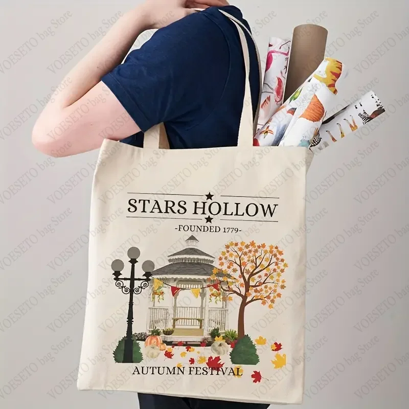 Stars Hollow Pattern Tote Bag Autumn Casual Canvas Shoulder Bag Female Shopping Bags Great Gift for Stars Hollow Fans