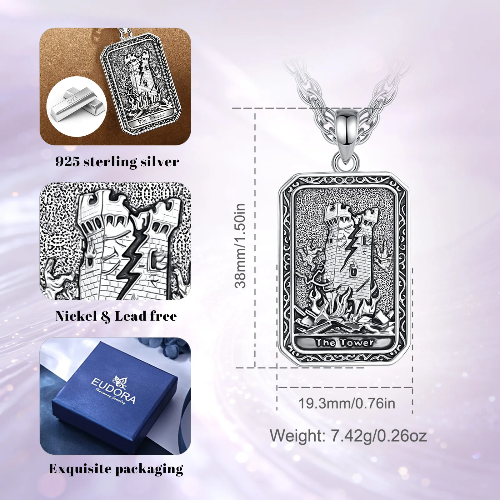 Eudora The Tower Tarot Cards Necklace Copper Vintage Major Arcana Divination Pendant Spiritual Jewelry Amulet Gift for Women Men