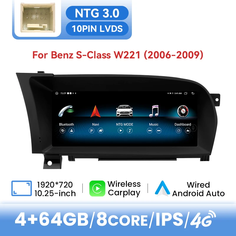 10.25Inch Draadloze Carplay AI Voice Autoradio Multimedia Voor Mercedes Benz S-Klasse W221 3.0/3.5 Android 14 GPS 6 + 128G Navigatie