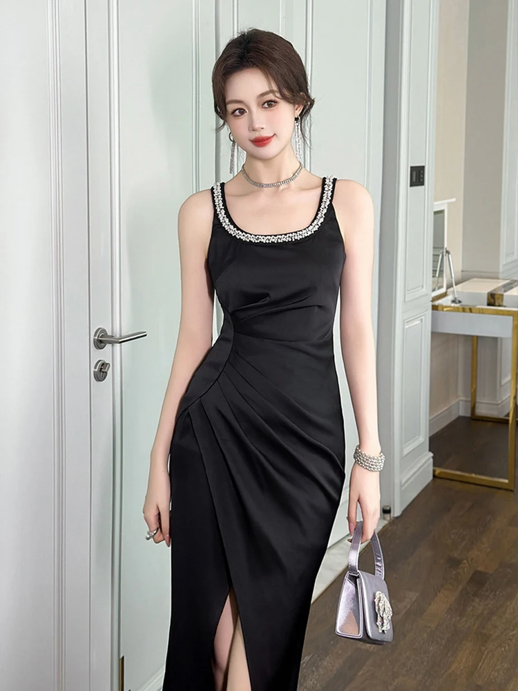 Dames elegante mode luxe lange jurken chique diamanten laag uitgesneden plooien hoge split zwarte jurk feestjurk prom vestidos banket