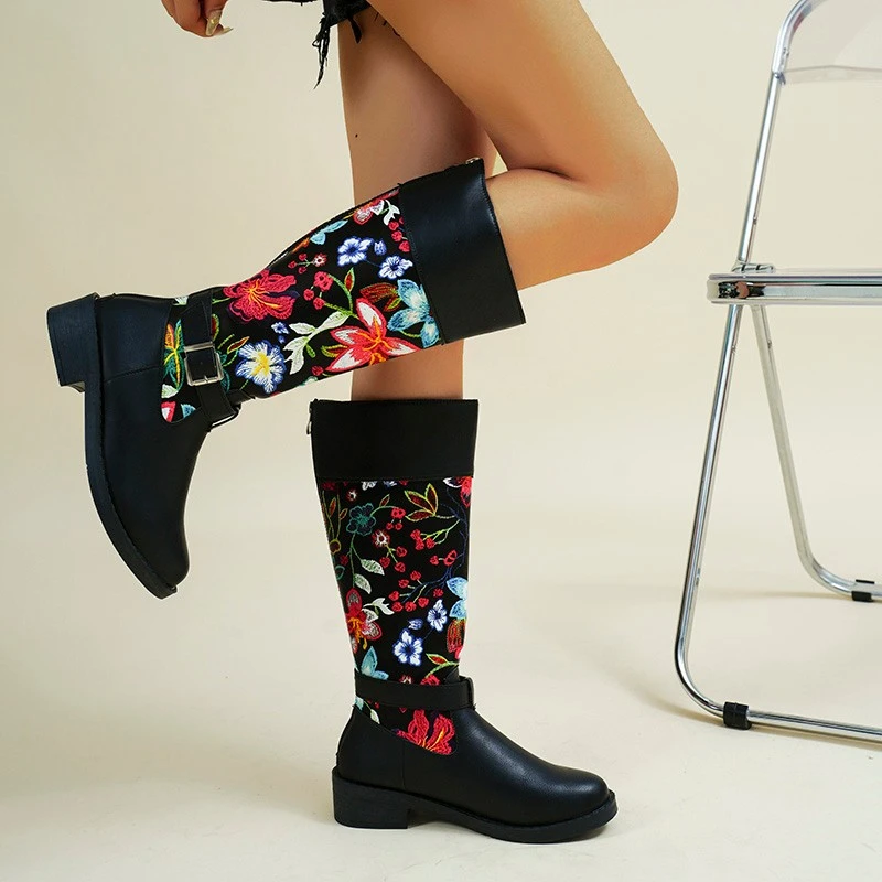 Leather Embroidered Long Boots Women Autumn Winter European American Fashion Waterproof High Barrel Boots Travel Leisure Shoes