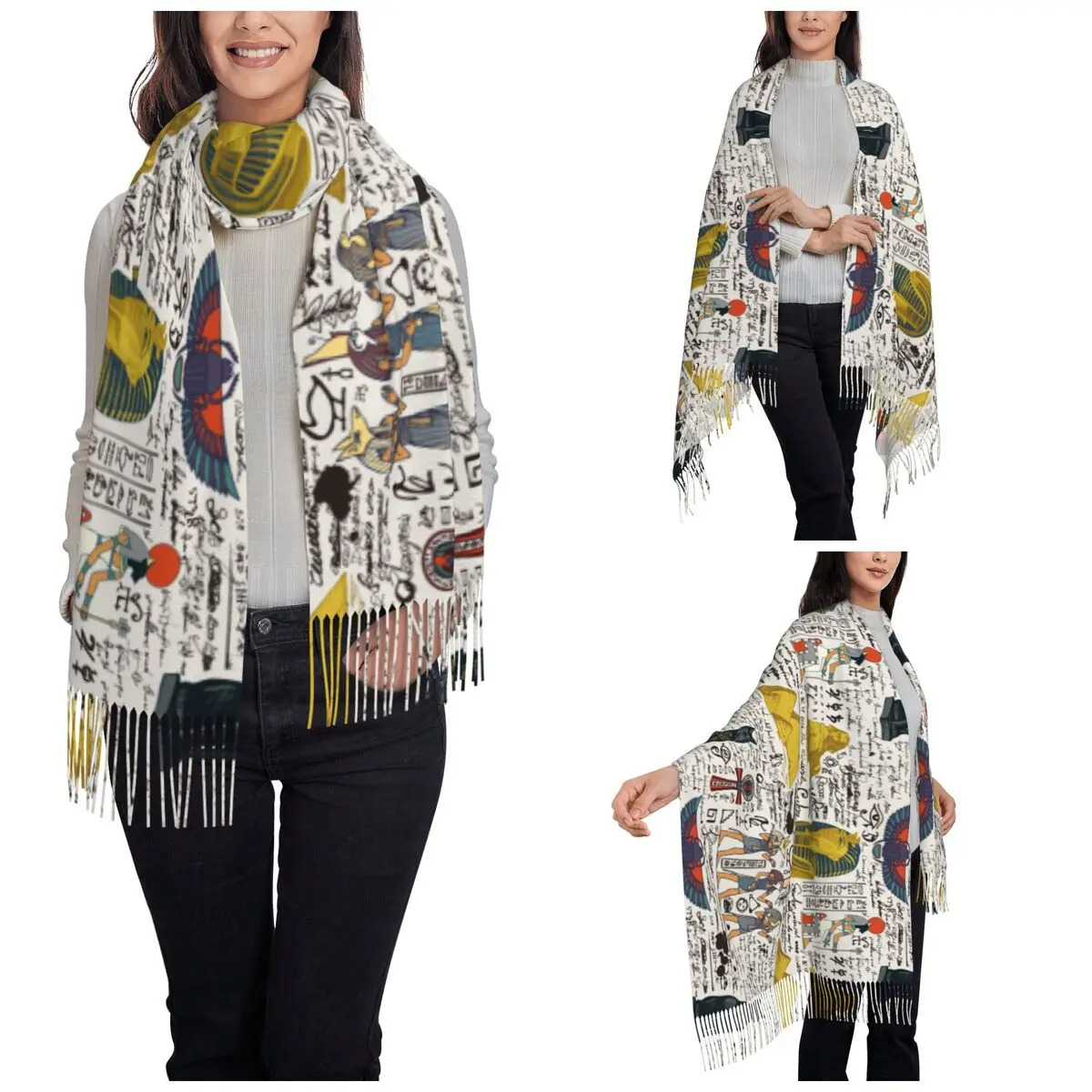 Ancient Egypt Theme Murals Culture Shawl Wrap for Womens Warm Large Soft Scarf Egyptian Pharaoh Gods Pashmina Tassel Scarves