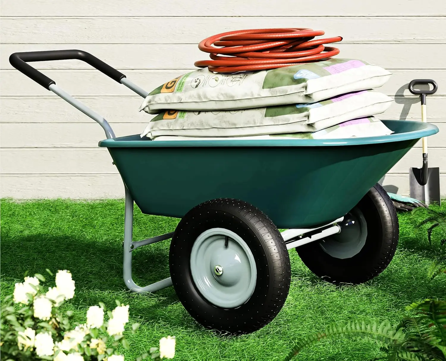 2 Wheel Wheelbarrow, 330 Pounds Capacity Yard Cart with Padded Handlebar, 14 Inch Pneumatic Tires for High Stability