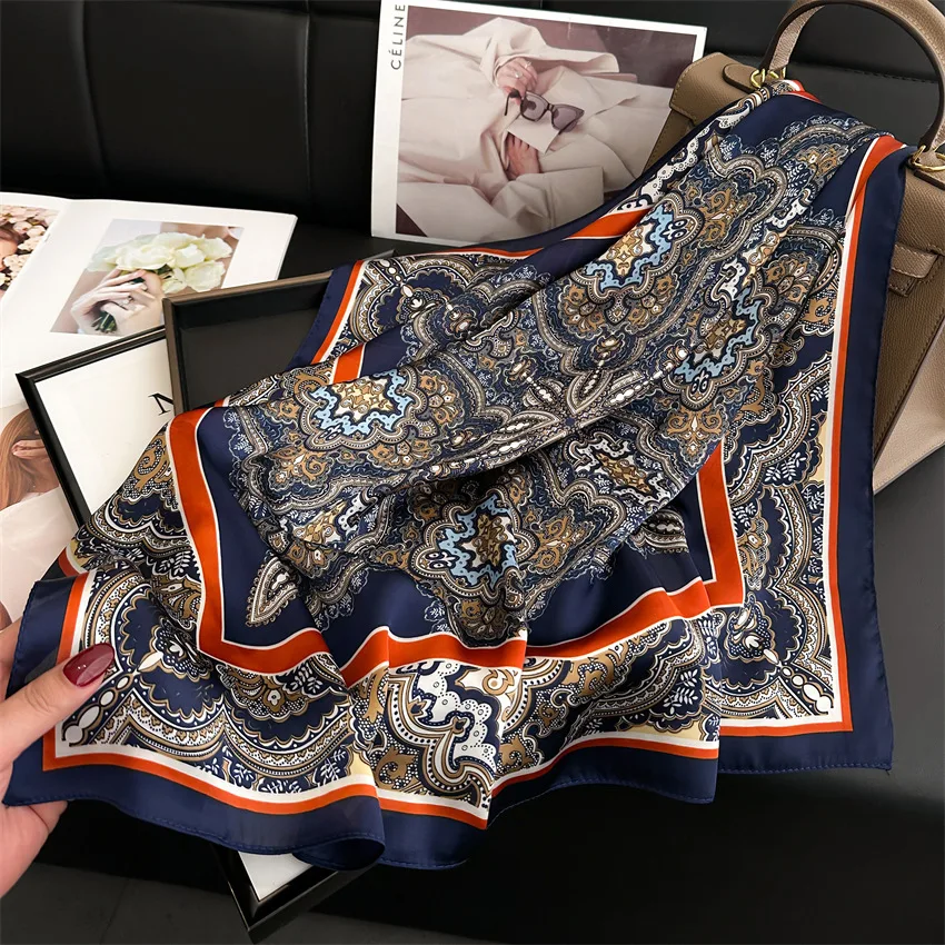 

1pcs 70cm Rose Printed Square Scarf for Women Imitation Silk Fashion Versatile Sun Protection Shawl Seaside Sunshade Silk Scarf