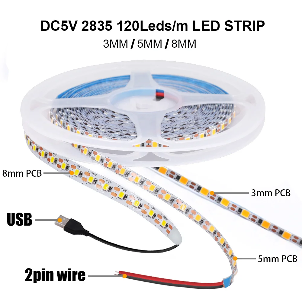 超薄型フレキシブルLEDストリップライト,IP21,非防水,ナチュラルホワイト,3mm, 5mm, PCB, 1カット,2835, 120ダイオード/m, 8mm 5v、5v