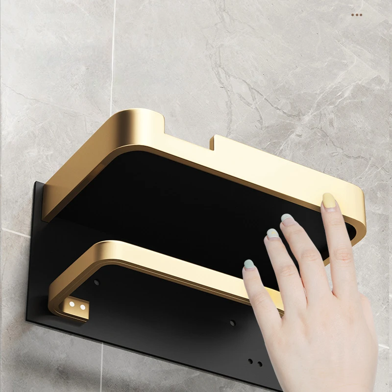 Black and Gold Bathroom Toilet Roll and Phone Holder with No Holes for Easy Installation of Stylish Bathroom Accessories