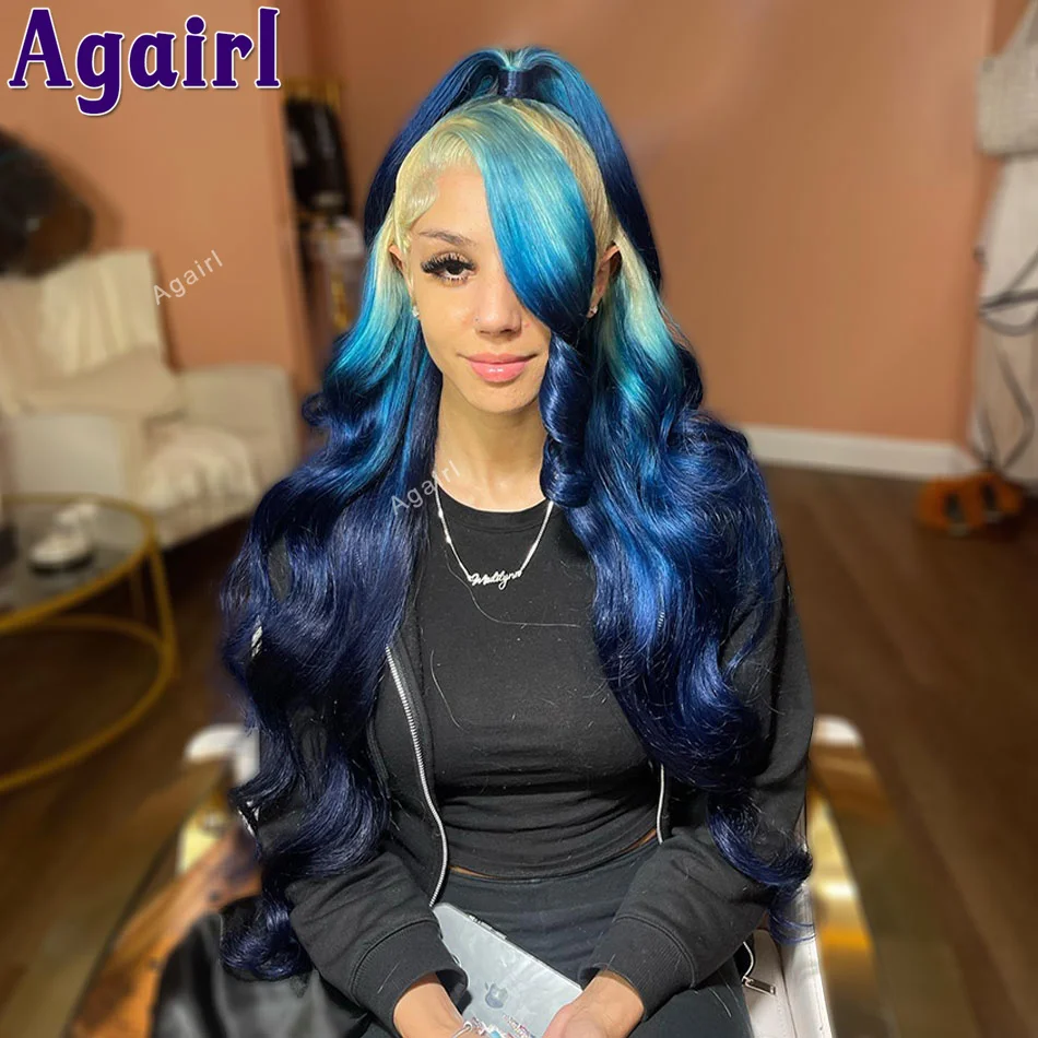 

Ombre 613 With Blue 13X6 Body Wave Lace Front Wig Human Hair PrePlucked 13x4 Transparent Lace Frontal Wigs For Women 200 Density