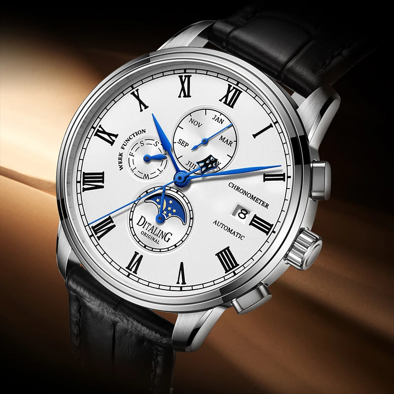 

DITALING Men's Watch Quality Sapphire Crystal Mechanical Watches Leather 5Bar Water Resistance Watch Automatic Movement 1572