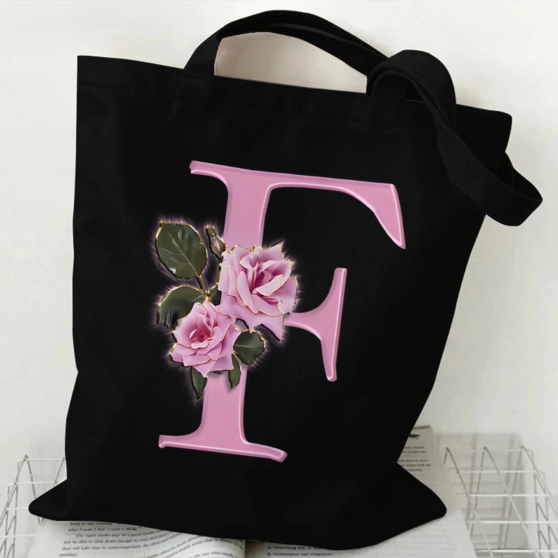 A-Z 26 Letter Pink Roses Printed Canvas Tote Bags for Women Shopper Handbags Environmental Reusable Shoulder Bag Hand Bag