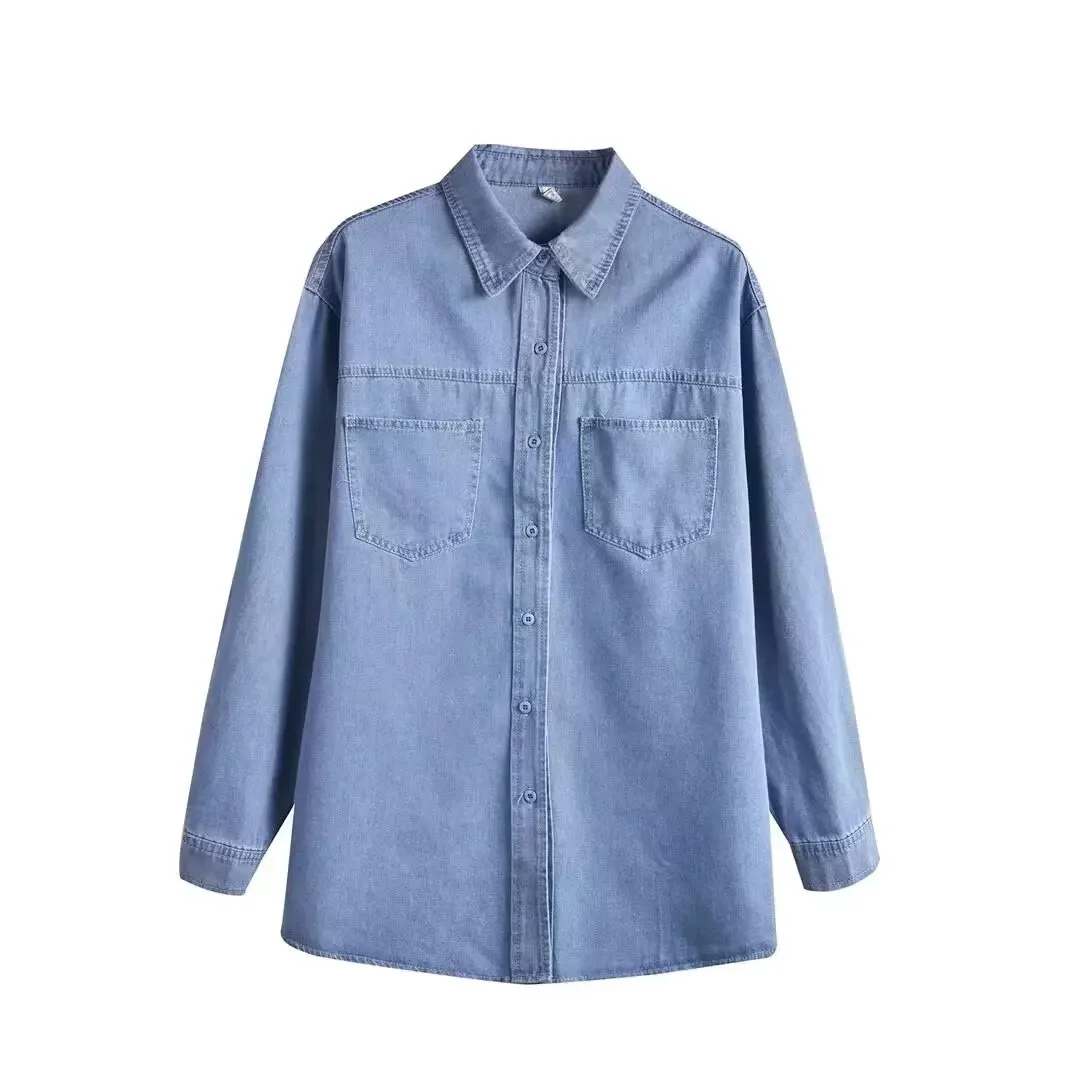 

Women's new fashion double pocket decoration loose single breasted casual denim shirt retro long sleeved women's shirt chic top