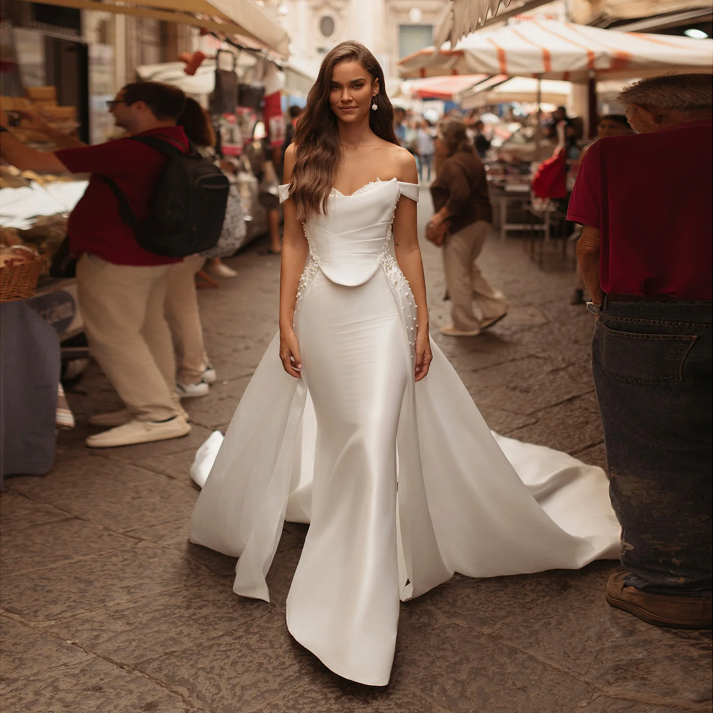 

Sharon Said Elegant Off White Satin Mermaid Wedding Dress 2025 With Detachable OverSkirt Sweetheart Bride Gowns SW283 Customized