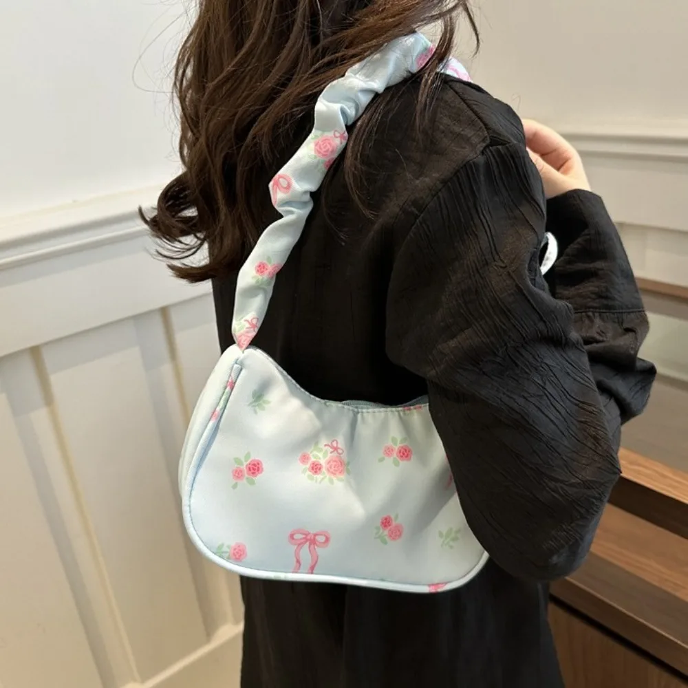 Korean Style Ruched Flower Pleated Underarm Bag Sweet Bowknot Nylon Handbag Trendy Handle Floral Shoulder Bag Woman