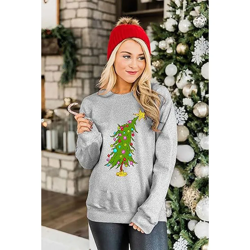 Christmas Sweatshirts for Women Cute Christmas Tree Graphic Long Sleeve Shirt Xmas Holiday Party Pullover Blouses Novelty Gift