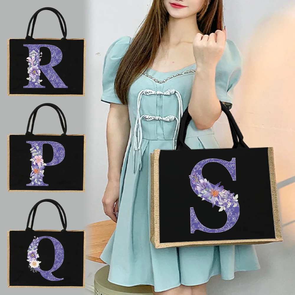 Jute Bag Handbag Linen Shoulder Bag Sacks Jute Imitation Sacks Linen Bag Women Shopping Laminated Bag Purple Letters and Flowers