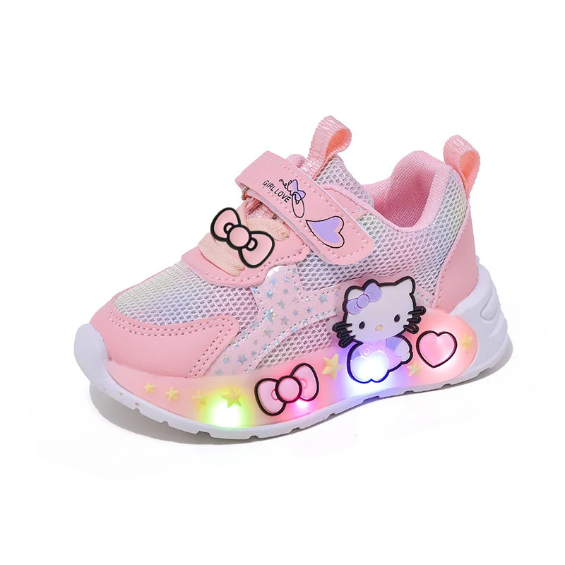

Спортивная обувь Hello Kitty с подсветкой, весенне-осенняя новая модная повседневная обувь принцессы для девочек, обувь для малышей со светодиодной подсветкой