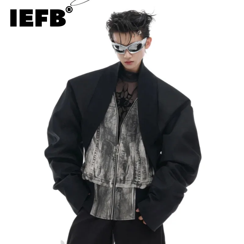 IEFB 2024 New Fashion Men's Fake Two-piece Jackets Worn-out Denim Splicing Design Loose Zipper Niche Stylish Coat Autumn 24E5188