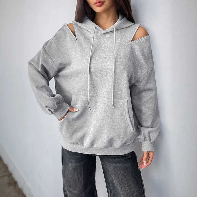 

Women's New Style Long-sleeved Drawstring Hooded Pullover Sweater, Female Pure Color High-grade Gray Off-shoulder Pocket Sweater