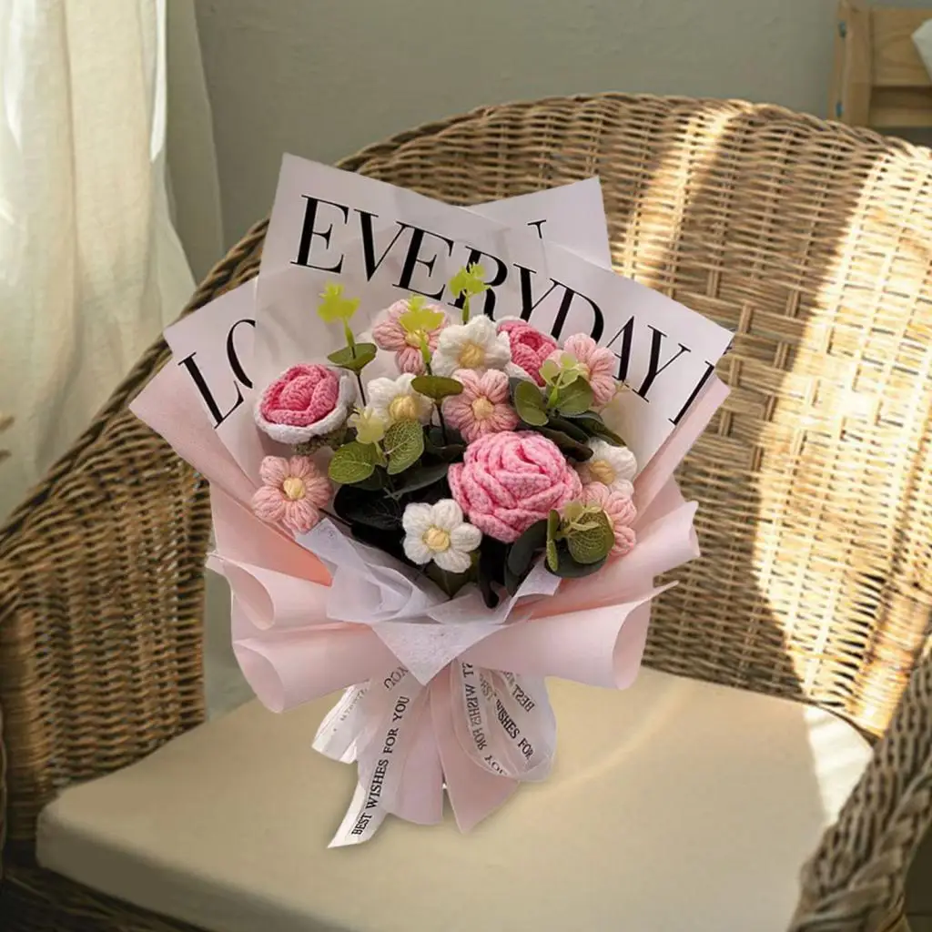 Buquê de flores de crochê feito à mão, buquê de flores falsas, decoração de flores artificiais para aniversário, noivado, aniversário