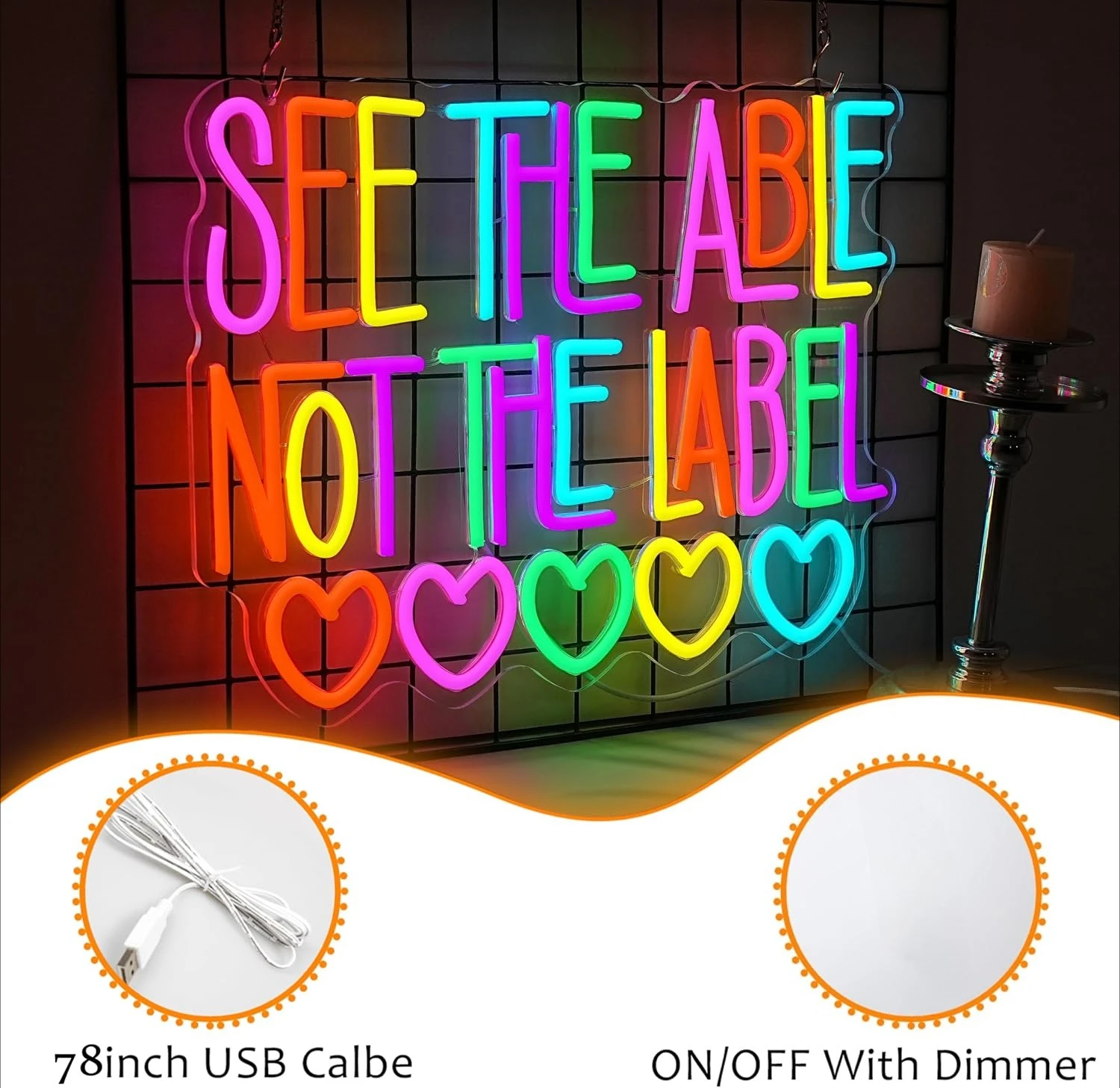 See the Able Not the Label Neon Sign Rainbow Special Education Classroom LED Neon Light Wall Decor Teacher Gifts USB Powered