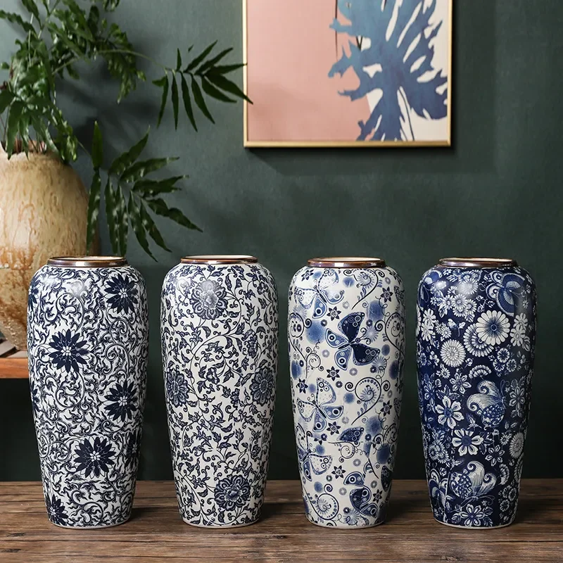 for Jingdezhen Ceramic Retro Blue and White Vase Home Soft Decoration Model House B&B Chinese Dried Flower Ornament Flower