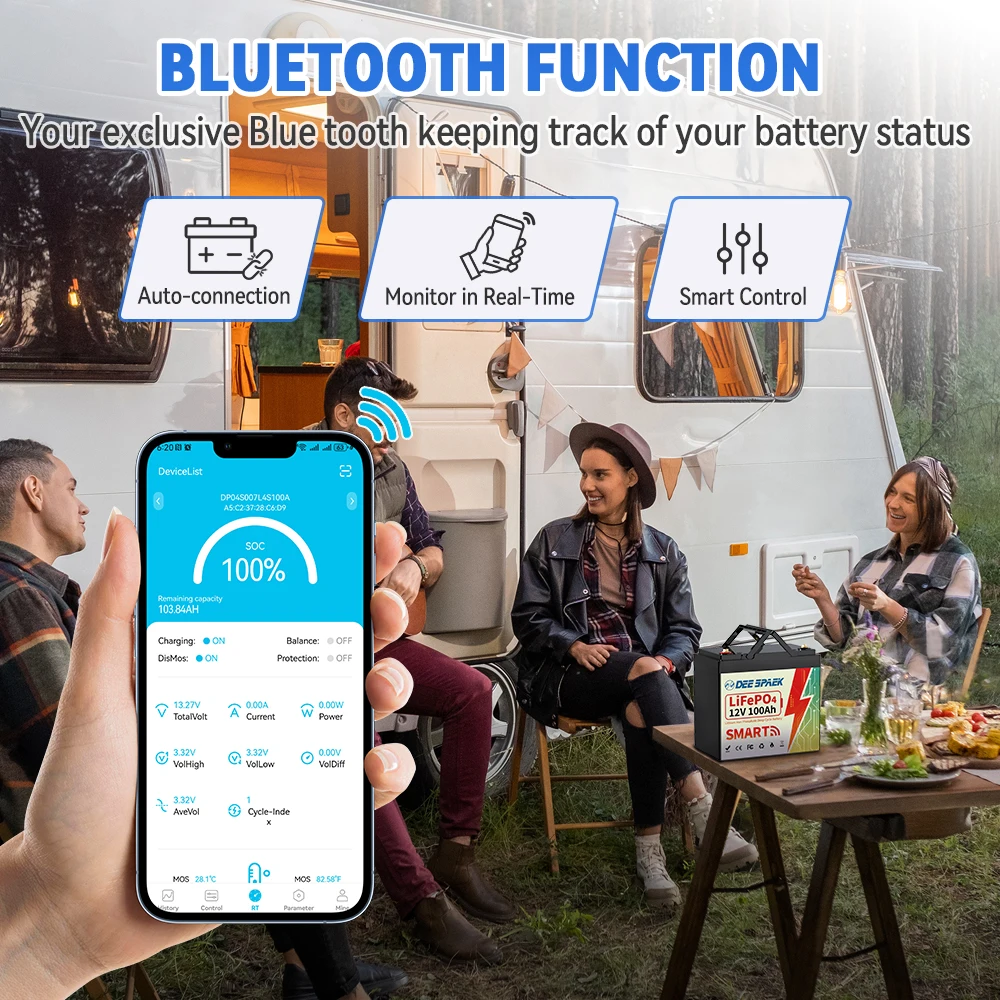 2PC 12V 100AH LiFePO4 Lithium Battery Bluetooth With BMS For For RV Campers Solar Marine Trolling Motor Lithium Battery Group 24