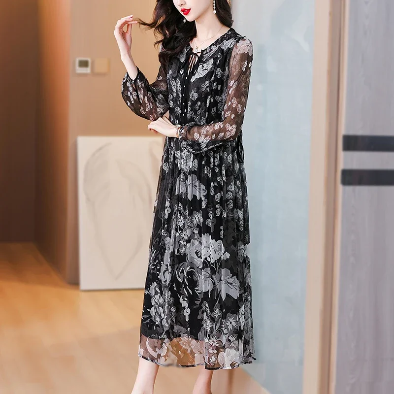 ฤดูร้อนหรูหราผ้าไหม Casual Midi ชุดสตรี Vintage Floral Elegant ชุดราตรีชุดราตรีฤดูใบไม้ผลิ Holiday Boho Hepburn Vestidos