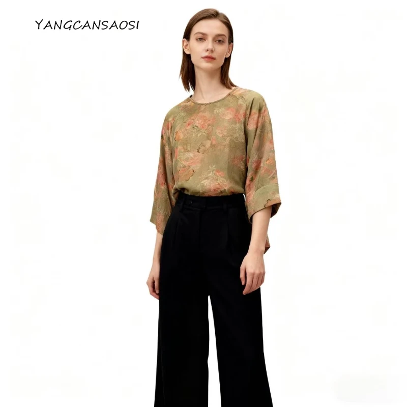 

Women's Fashion Clothing 100% Natural Mulberry Silk Gambiered Guangdong Gauze Round Neck Versatile Retro Batwing Sleeve T-shirt