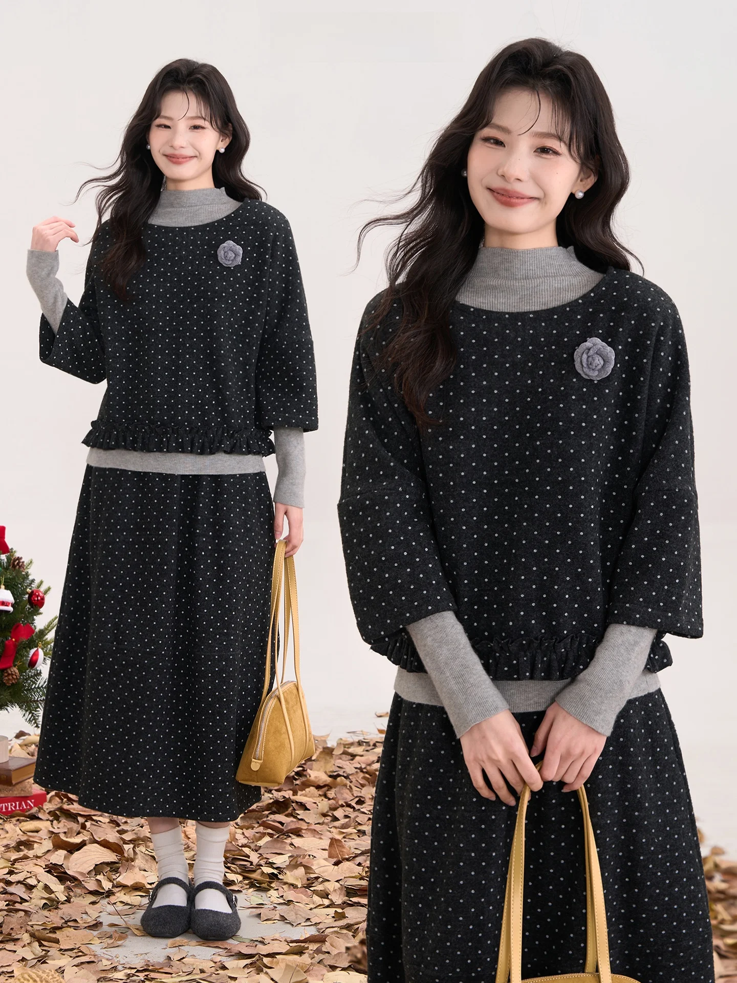 

Романтический комплект из топа и юбки с кружевным дизайном в горошек, весенняя модная женская одежда с цветочным узором