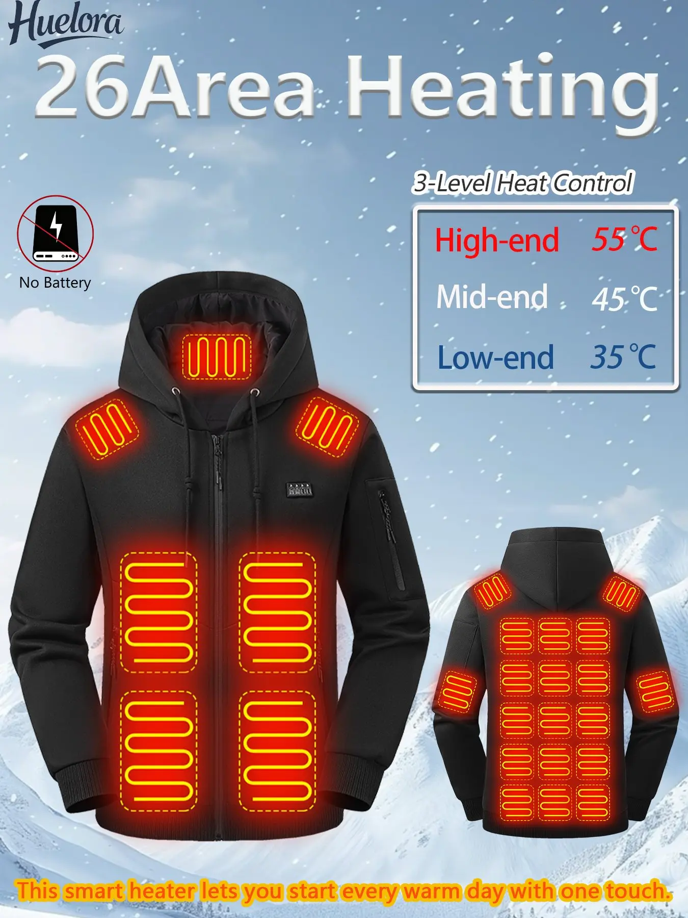 Unisex Winter USB Heated Hoodie, 26 Heating Zones, 4‑Way Independent Control 3‑Heat Level Adjustable, for Outdoor Sports Skiing