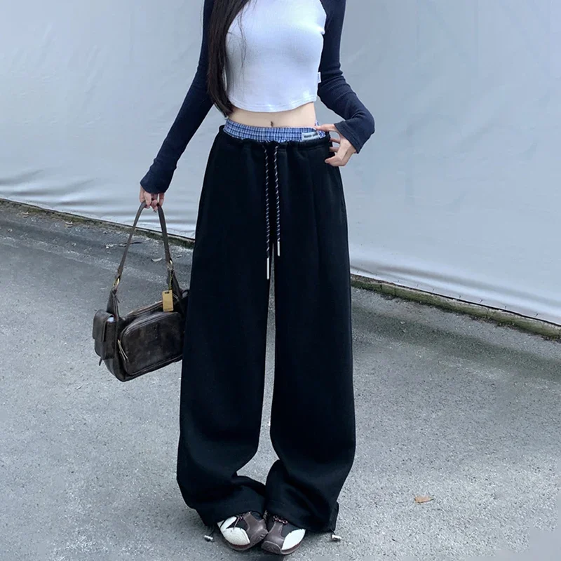 

Autumn Winter Contrast Color Patchwork Baggy Sweatpants Woman Ins Street Joggers Trousers Fake Two-Piece Wide Leg Pants Women