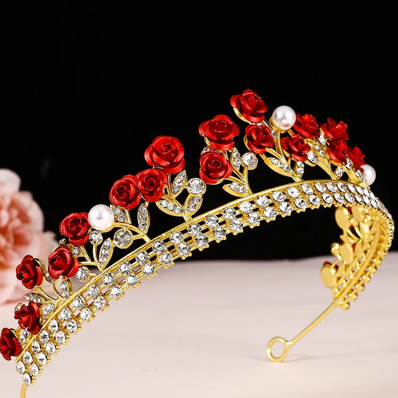 Elegant Gold Color Rose Flower Crown Women Girl Wedding Bridal Tiara Hair Accessories Tiaras and Crowns Brithday Party Jewelry