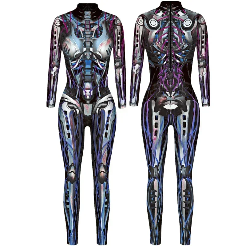 Robot Punk szkielet Cyberpunk Steampunk seksowny wąski kombinezon Catsuit kostiumy Cosplay Zentai kobiety body przebranie Halloween