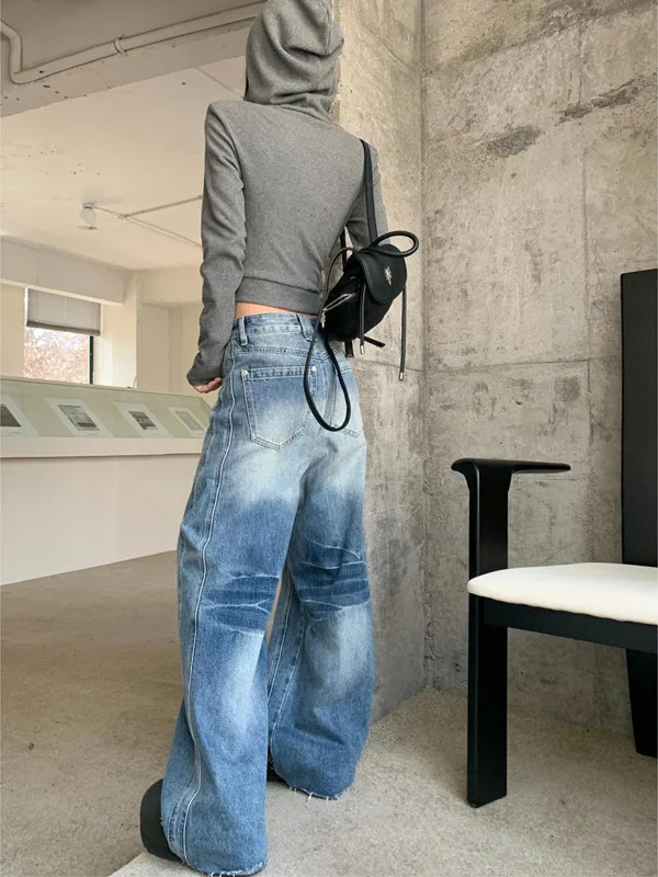 

Джинсы Femmes Downtown, женская прямая синяя повседневная одежда в стиле ретро 2000-х годов, американская рваная женская одежда унисекс с рваными отверстиями