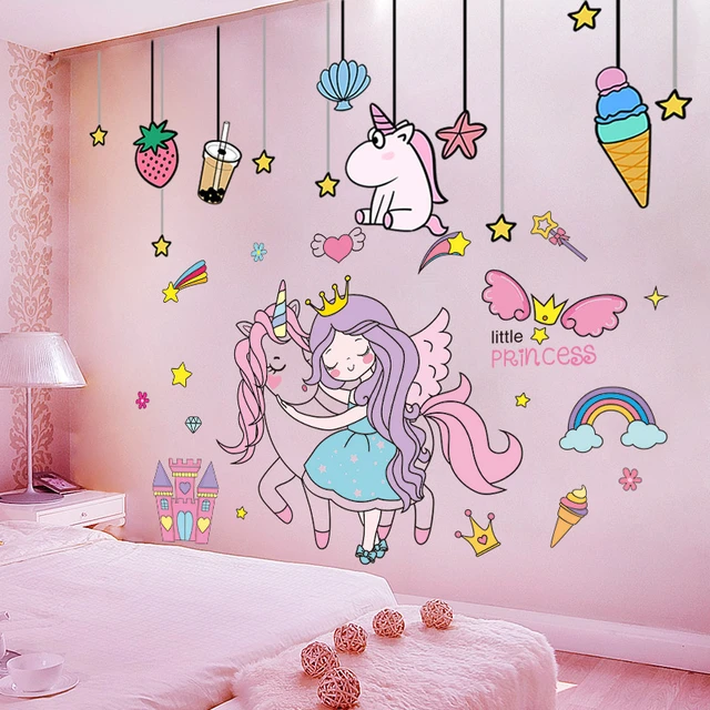 shijuekongjian Cartoon Girl Wall Stickers DIY Unicorn Animal Stars Wall Decals for Kids Bedroom Baby Room Home Decoration