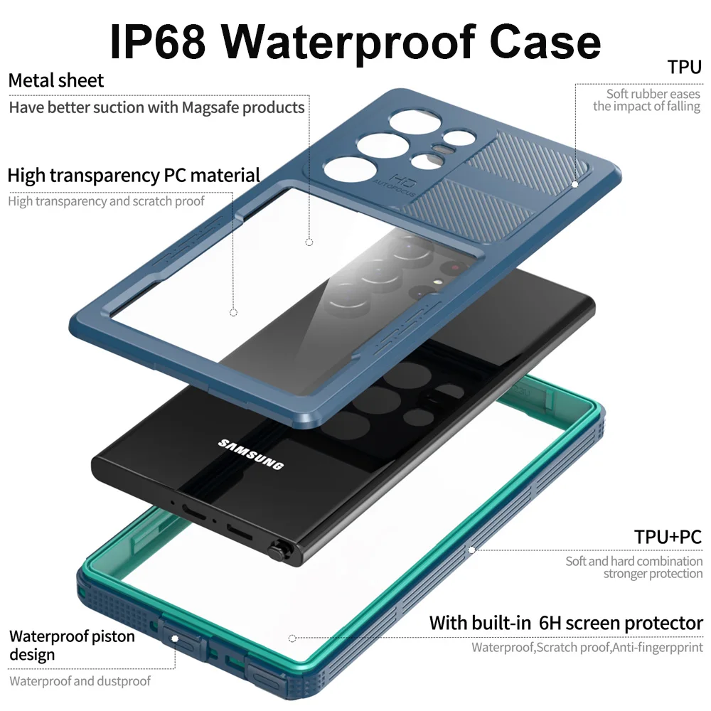 

For Samsung Galaxy S23 Ultra 100% Waterproof case IP68 Level Outdoor shockproof Capas Swimming underwater Case cover s23 Plus