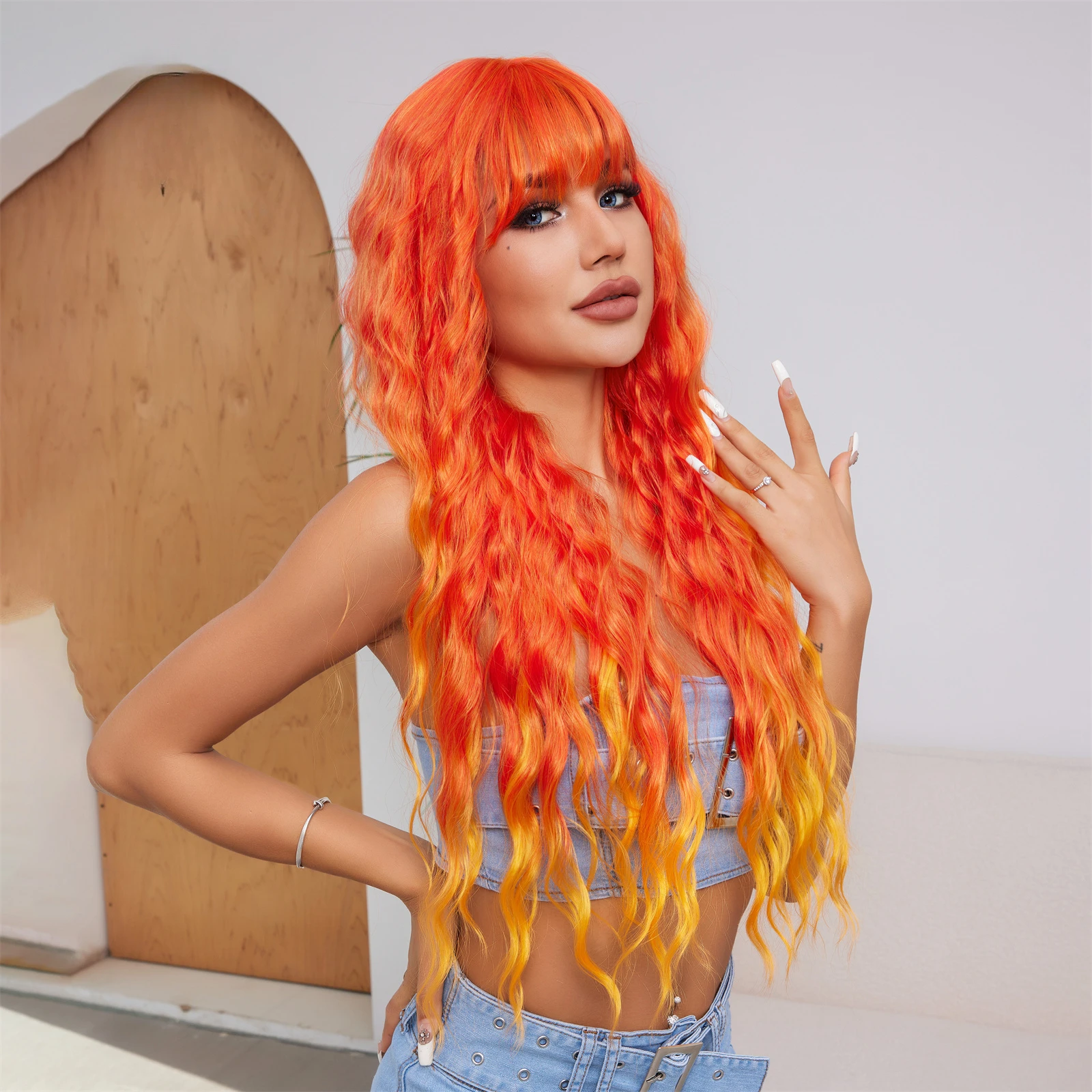 Franja de laranja ondulada longa para mulheres pretas e brancas, cabelo sintético, fibra resistente ao calor, perucas de festa cosplay