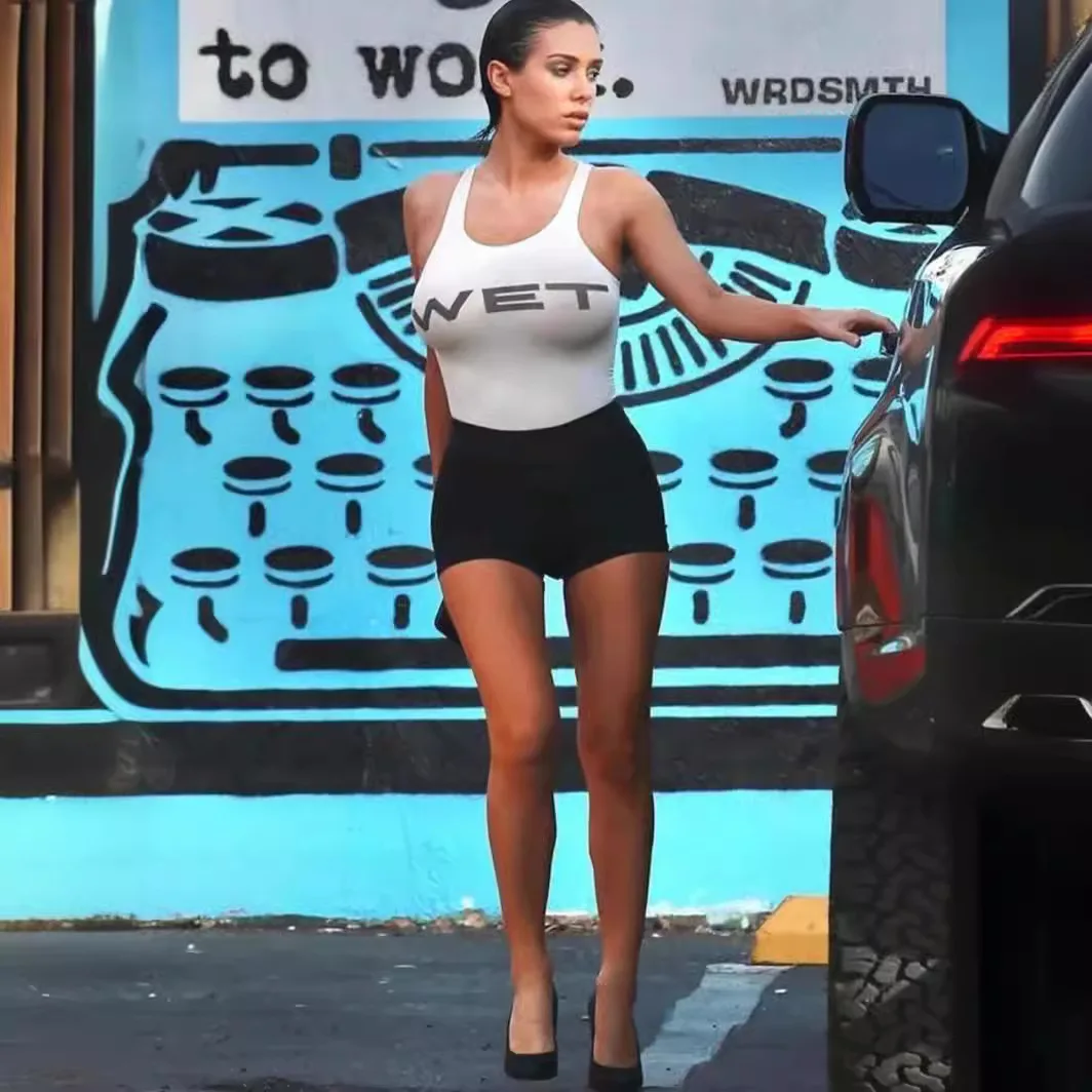 Camiseta con estampado húmedo en el pecho, chaleco Mowalola, camisetas sin mangas, ropa informal para mujer, camiseta elástica Silm, camiseta para vacaciones de verano y playa