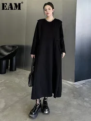 [EAM] Women Black Brief Big Size Shaped Midi Thick Dress New Round Neck Long Sleeve Fashion Tide Spring Autumn 2024  1DH6822