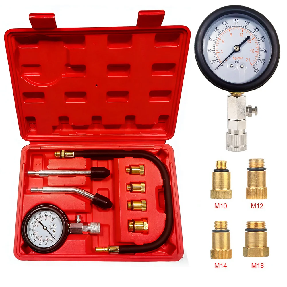 

0-300Psi/20Bar Motorcycle Car Cylinder Tester Pressure Gauge M10 M12 M14 M18 Adapter Gasoline Compression Test Meter Diagnostic