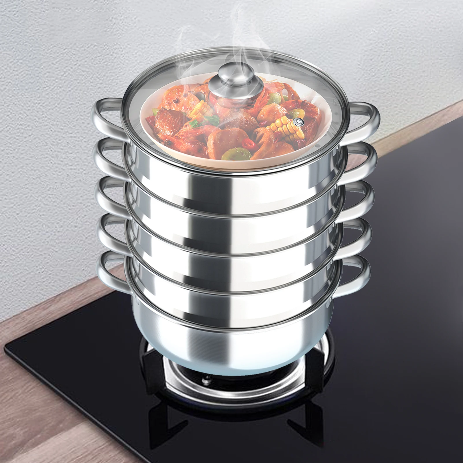 Image of Dampfgarer mit 5 Ebenen aus Edelstahl zum Kochen, Stapelbarer Dampfkorb mit Deckel für Gesunde Ernährung, Küchen-Kochgeschirr