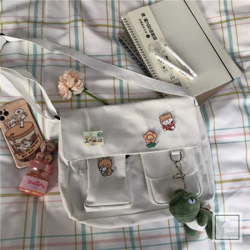 Japanische Harajuku niedlichen Retro Mädchen Umhängetasche schicke Abzeichen Leinwand Cross body Schult aschen Student einfarbige Umhängetasche Schulranzen – Detail 17