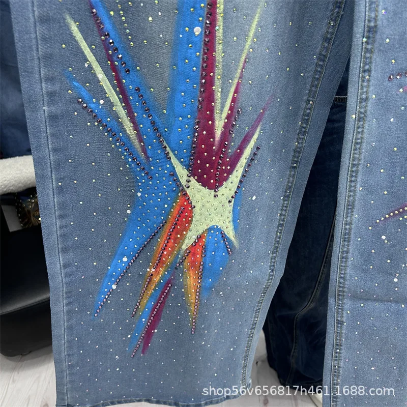 New Spring Summer American Style Casual Wide Leg Jeans Fashion High Waist Hot Diamonds Large Size Women Straight Denim Pants