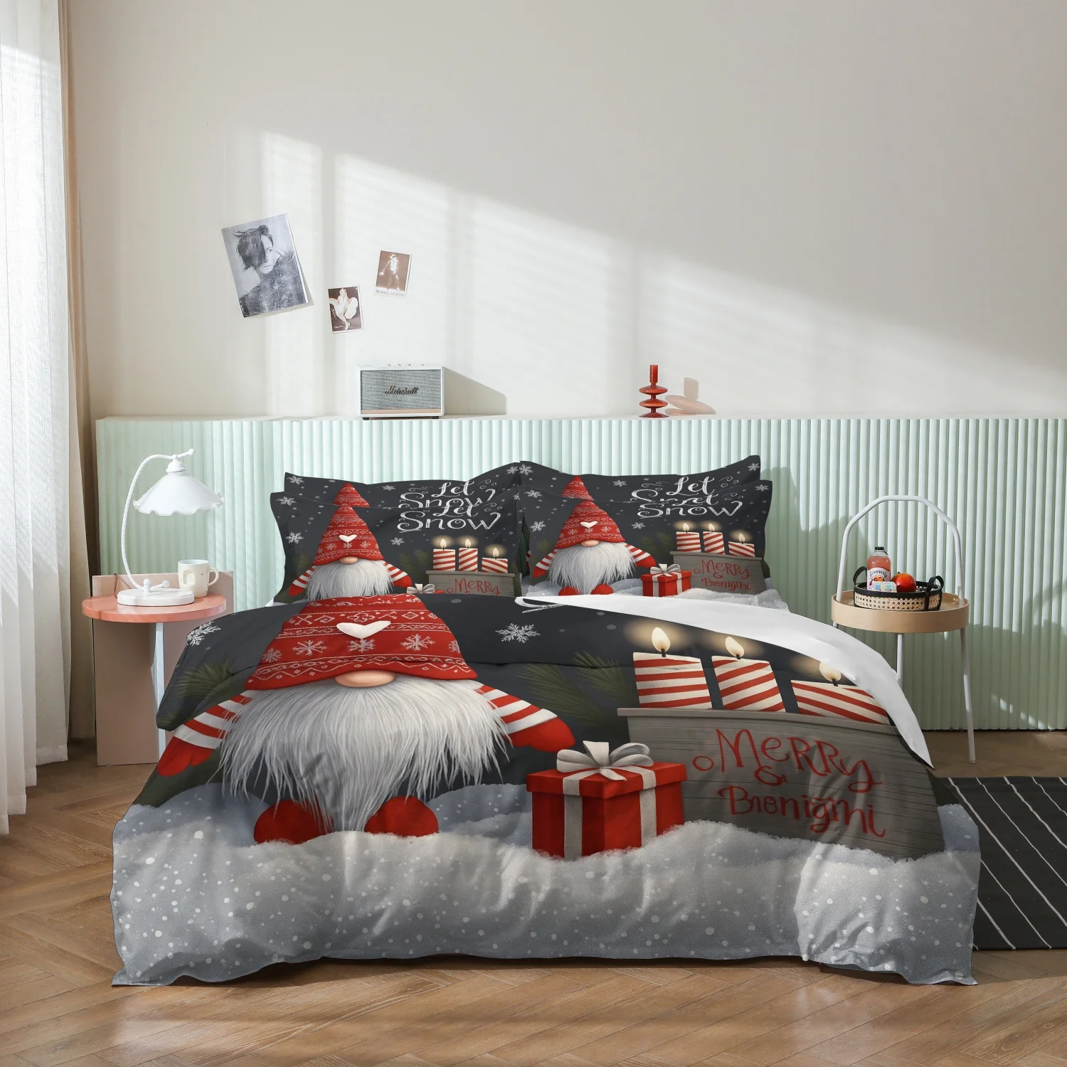 3Pcs Christmas Print Duvet Cover Set,  Christmas Gnome Snow Scene Gift Box Candle Snowflake 