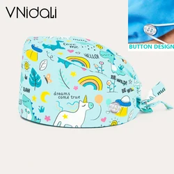 button Nurse Unisex Frosted Hats Adjustable Pure Cotton Cartoon Cute Baotou Scrubs Cap Pet Printing Work Surgical Caps Woman
