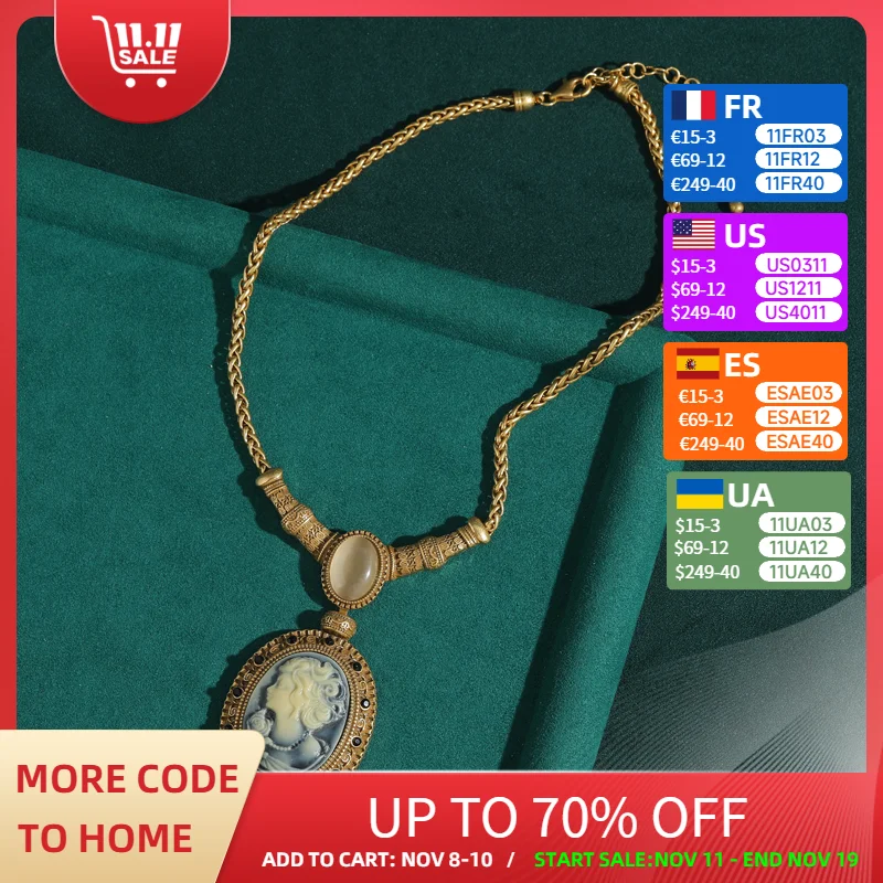 

Vintage Retro Relief Beauty Portrait Pendant Necklace Charms Antique Gold Color Cat Eye Opal Luxury Designer Mothers Day Gift